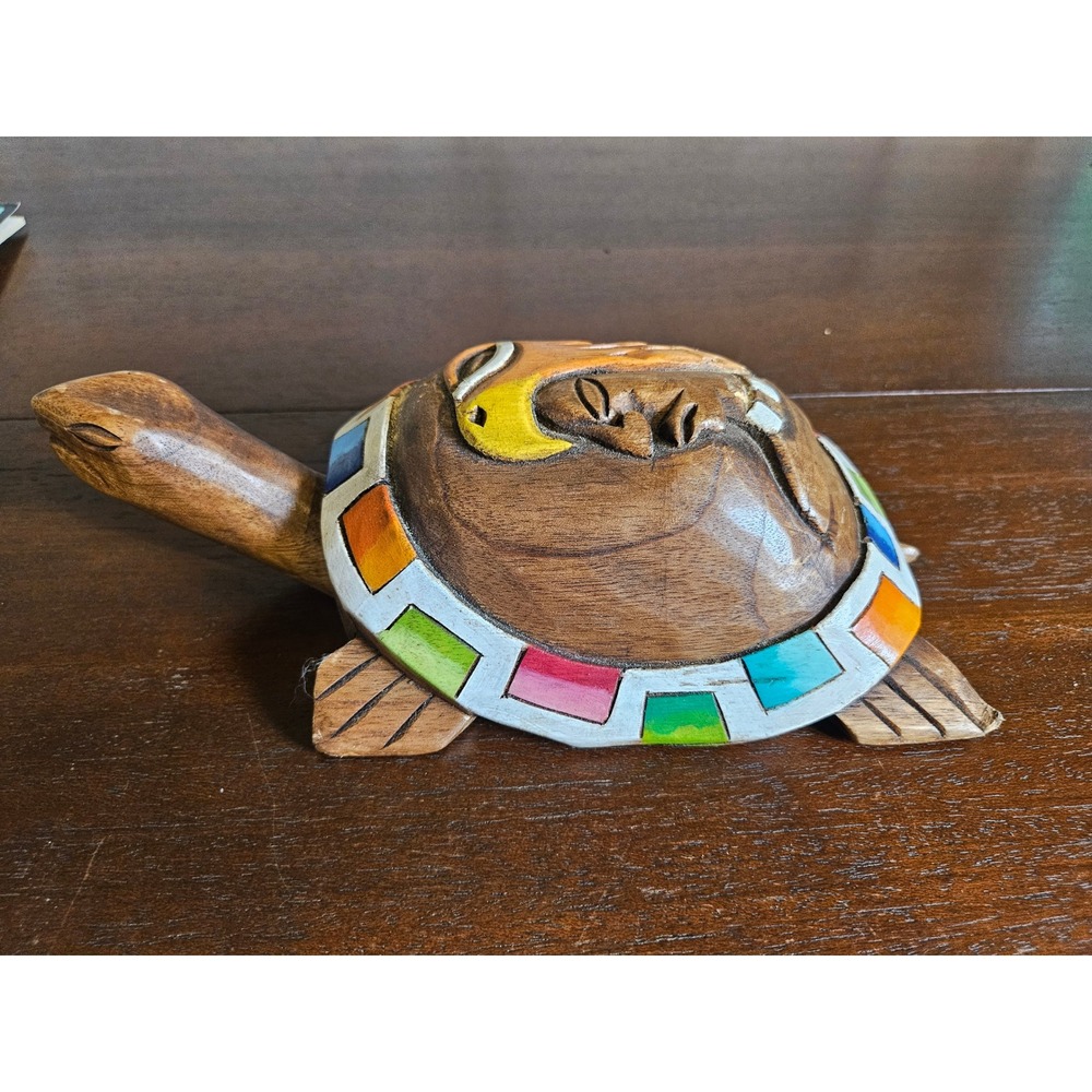 Hand Carved Wood Turtle Figurine Brown Multi Color Folk Art Eagle Shell